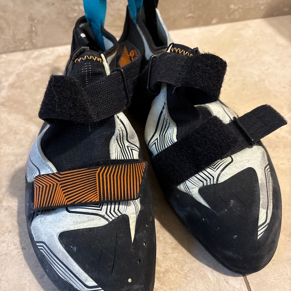 Scarpa Black and White Climbing Shoes with Orange Accents